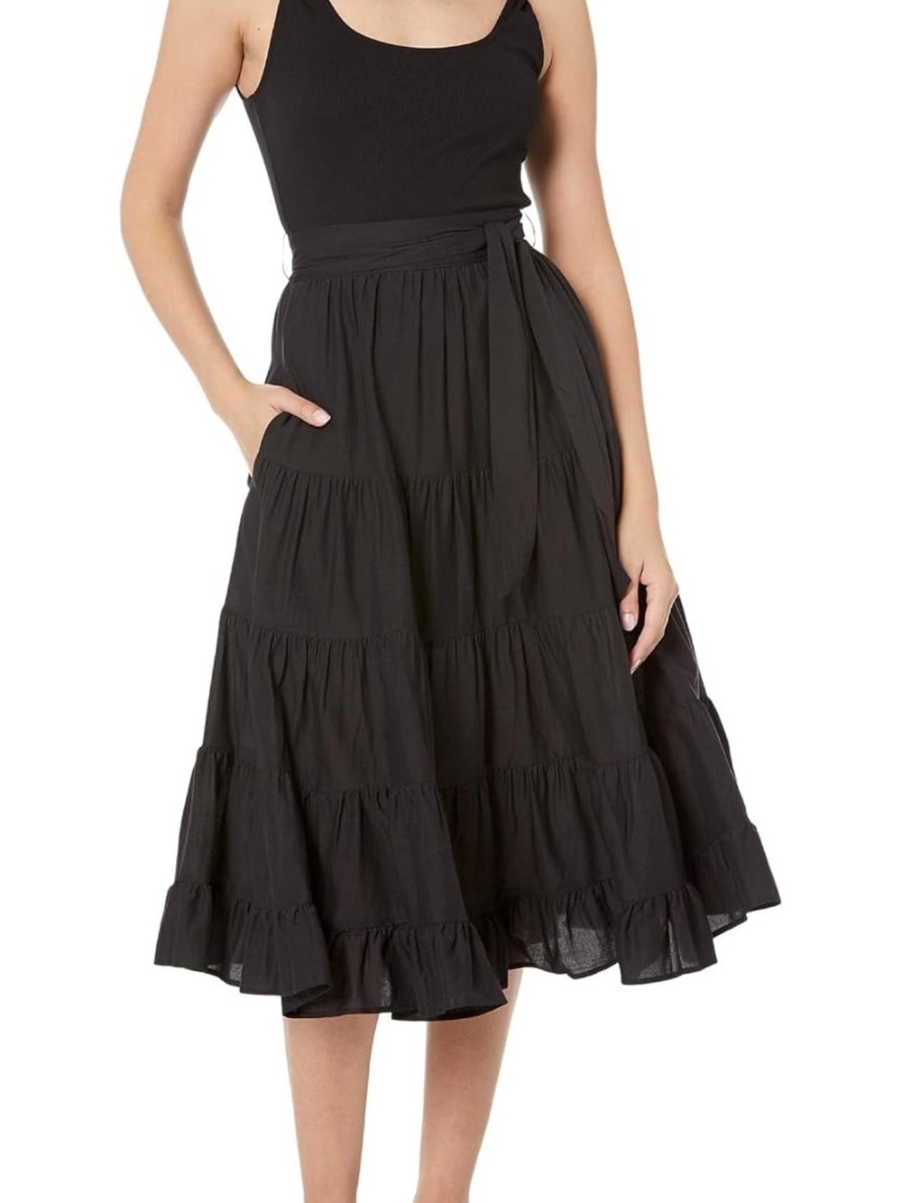 PAIGE Samosa Black Tiered Midi Dress missing the belt with Pockets.